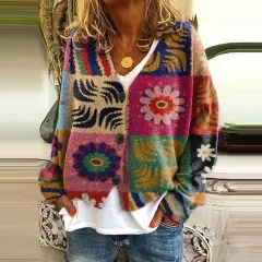 New Christmas Abstract Flowers Printing Sweater Fashion Casual Short Cardigan Coat Womens Clothing - Qwdz99660Yxcrosered - View 1