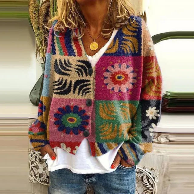 New Christmas Abstract Flowers Printing Sweater Fashion Casual Short Cardigan Coat Womens Clothing Qwdz99660Yxcrosered - Shop at LoveMi