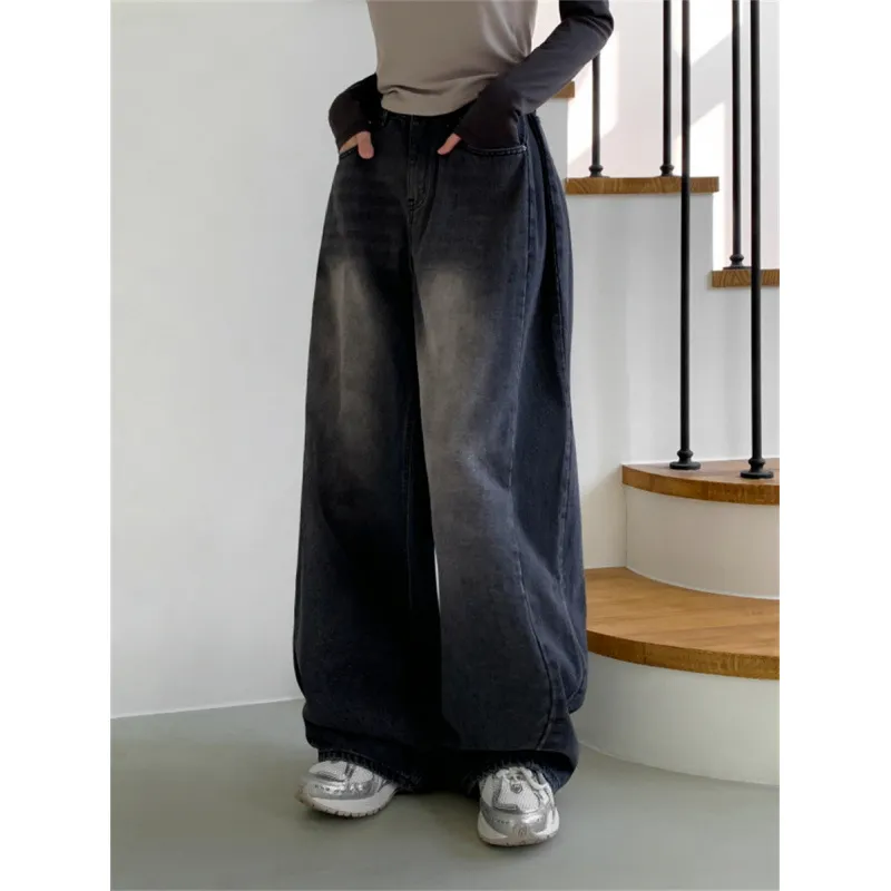 Retro High Waist Loose Straight Jeans For Women - Black