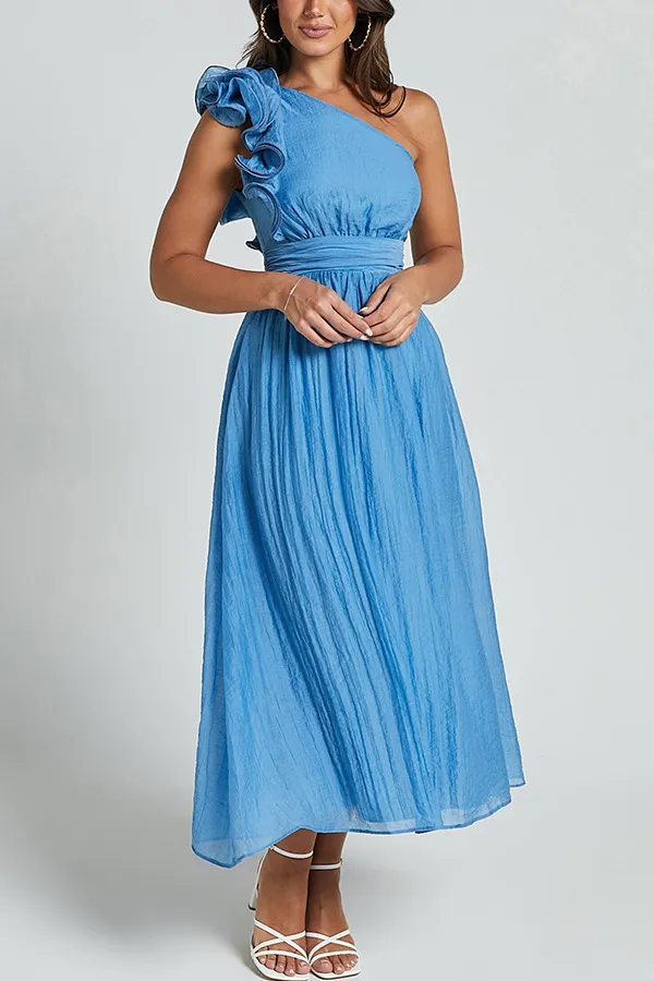 Sexy Solid Color Sloping Shoulder Backless Dress Blue - Shop at LoveMi