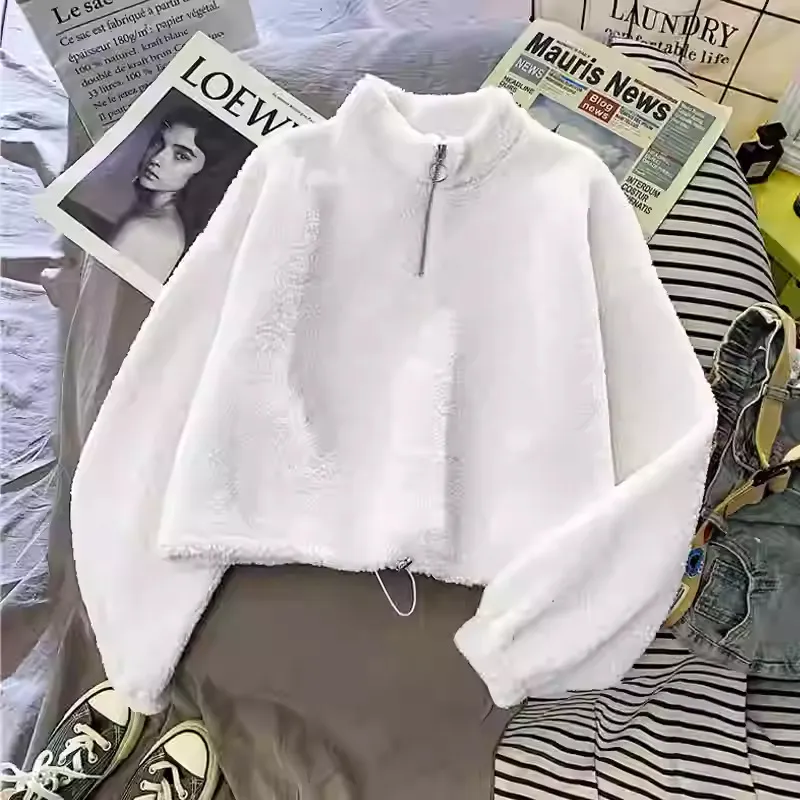 Women's Half Turtleneck Fleece-lined Thick Lambskin Sweater - White