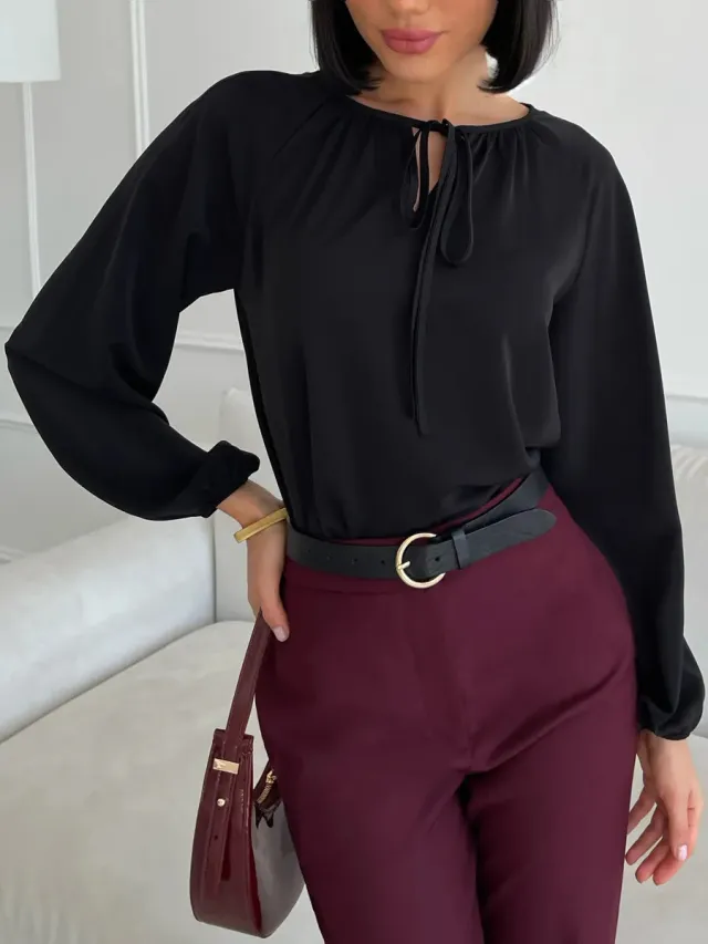 Lace up Crew Neck Shirt Long Sleeve Simple And Stylish Black - Shop at LoveMi