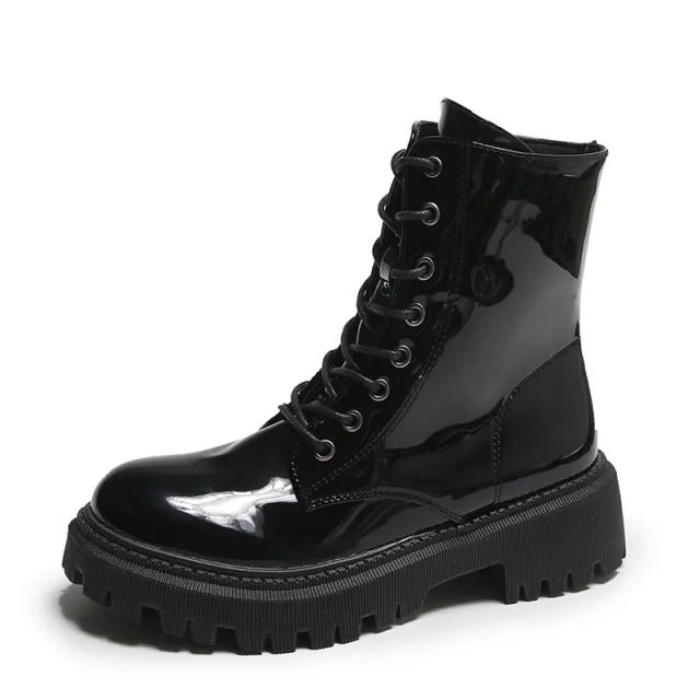 European And American Patent Leather Mid Heel Round Toe Short Motorcycle Boots Black - Shop at LoveMi