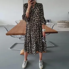 Pullover Slimming Printed Midi Skirt Leopard Print Mid-waist Dress - Leopard - View 1