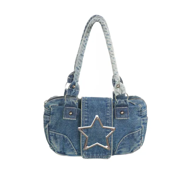 Fashion Retro Metal Five pointed Star Decoration Denim Handbag For Women Blue - Shop at LoveMi
