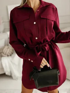 New Stylish And Elegant Solid-colour Button-up Shirt Dress With A Turn-down Collar - Wine - View 1