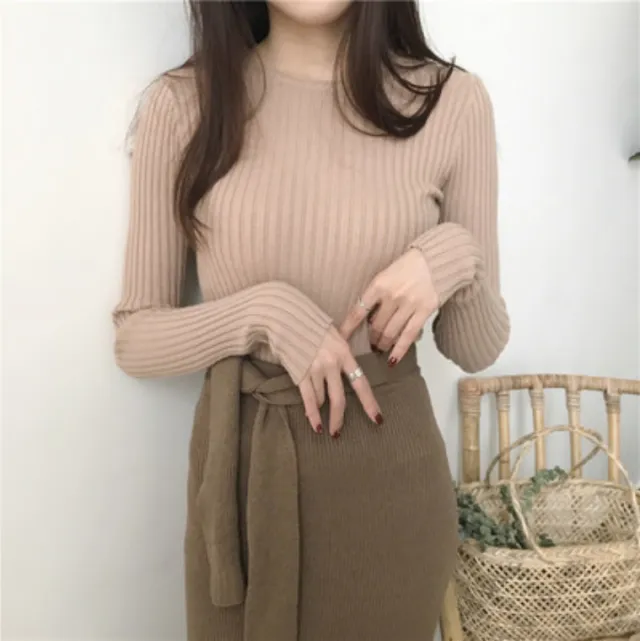 Women's Round Neck Cored Yarn Slimming Knitted Long Sleeve Slim Fit Skinny Warm Sweater Deep Beige - Shop at LoveMi