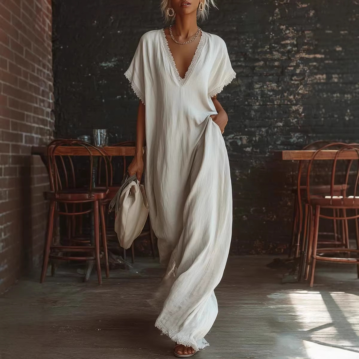 European And American Style Casual Elegant Comfortable Lace-trimmed Loose Linen Cotton Long Dress