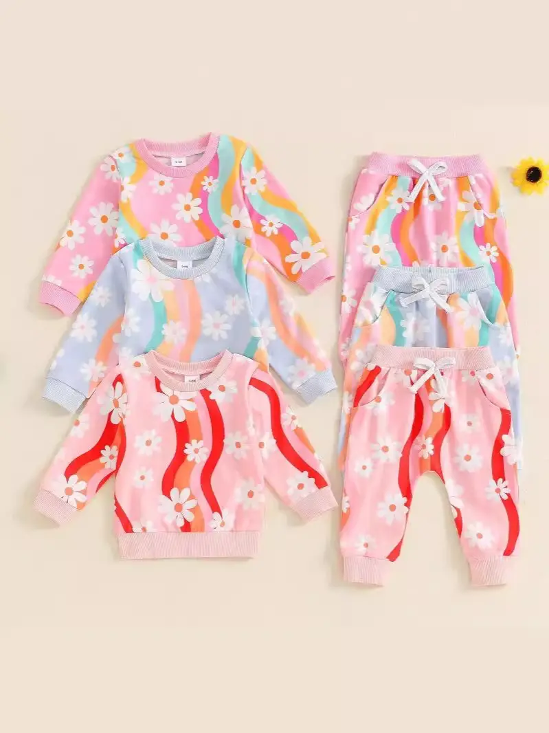 Girls' Fashion Colorful Flora Sweatshirt Lace-up Sweatpants Suit