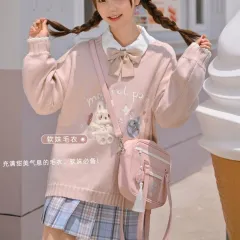 Cute Girl Girls V-neck Pullover Sweater Women - Pink V Neck Long Sleeve - View 1