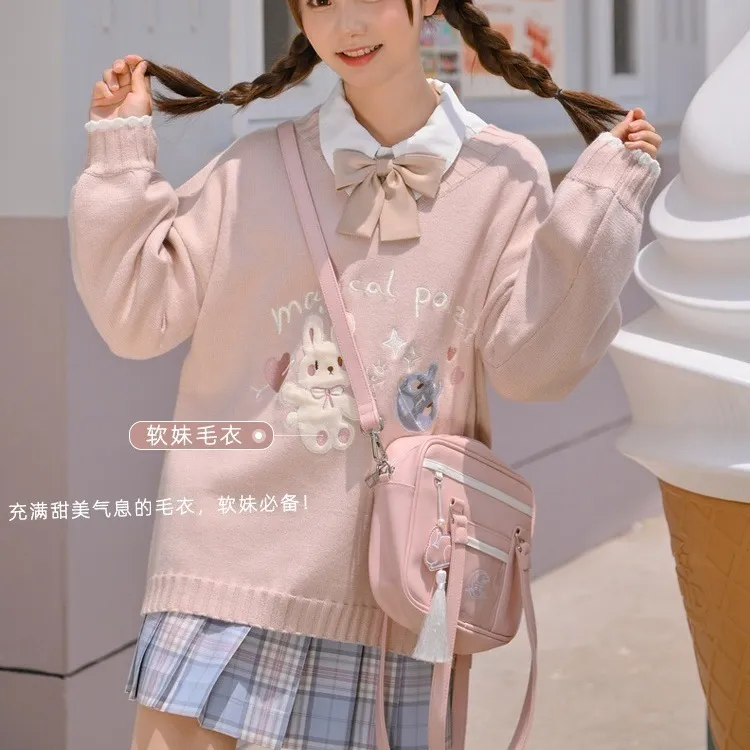 Cute Girl Girls V-neck Pullover Sweater Women - Pink V Neck Long Sleeve