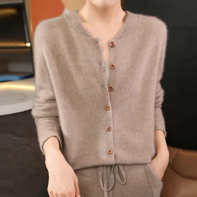 V neck Knitted Cardigan Coat Solid Color Short Loose Sweater Raw Velvet Camel - Shop at LoveMi