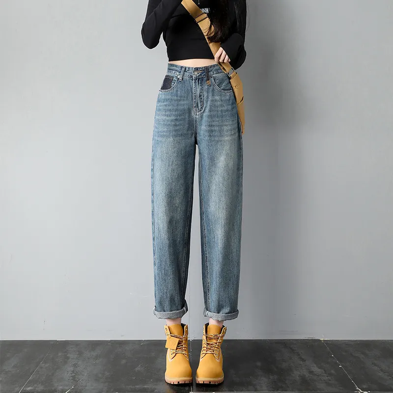 Women's High Waist Harem Jeans Back Bag Embroidery - Vintage Blue