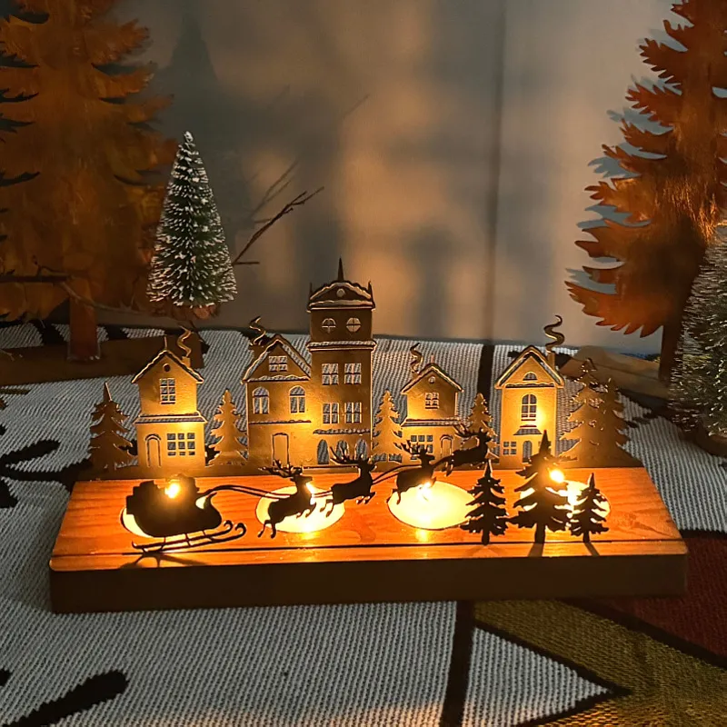 Wrought Iron Christmas Tree Candle Stick Wooden Base Candle Holder – image 3