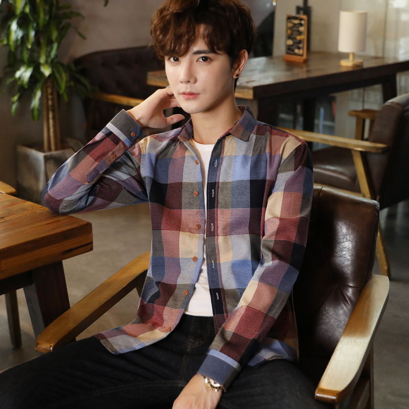 Long Sleeve Shirt Men's Loose Plaid Youth Long Sleeve Shirt