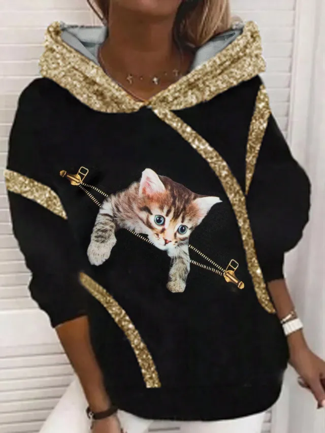 Digital Printing Loose Plus Size Hooded Sweater Gold - Shop at LoveMi