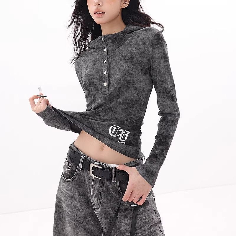 American Gothic-style Embroidered Long-sleeve Hoodie Top