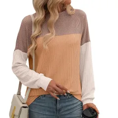 Round Neck Twist Strip Color Matching Long Sleeve Loose T-shirt For Women - Orange - View 1
