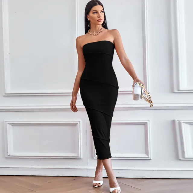 Sexy Strapless Solid Color Bodycon Beach Dress Black - Shop at LoveMi