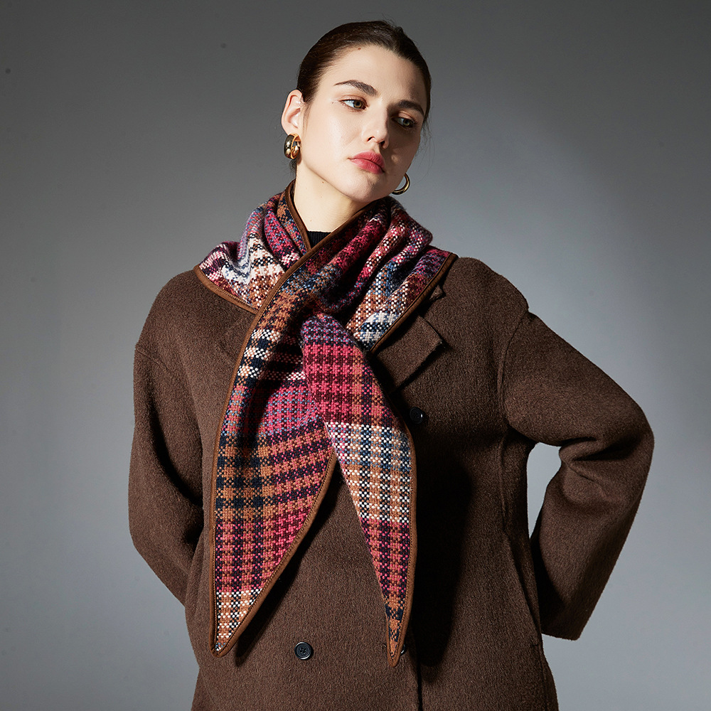 Autumn And Winter Wool Deerskin Color Plaid Houndstooth Triangle Shawl - Image 3
