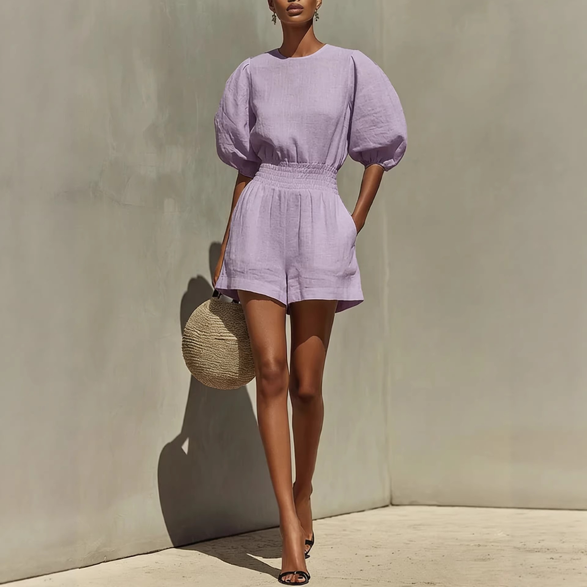 Women's Puff-Sleeve Top and Shorts Set – Full Outfit View