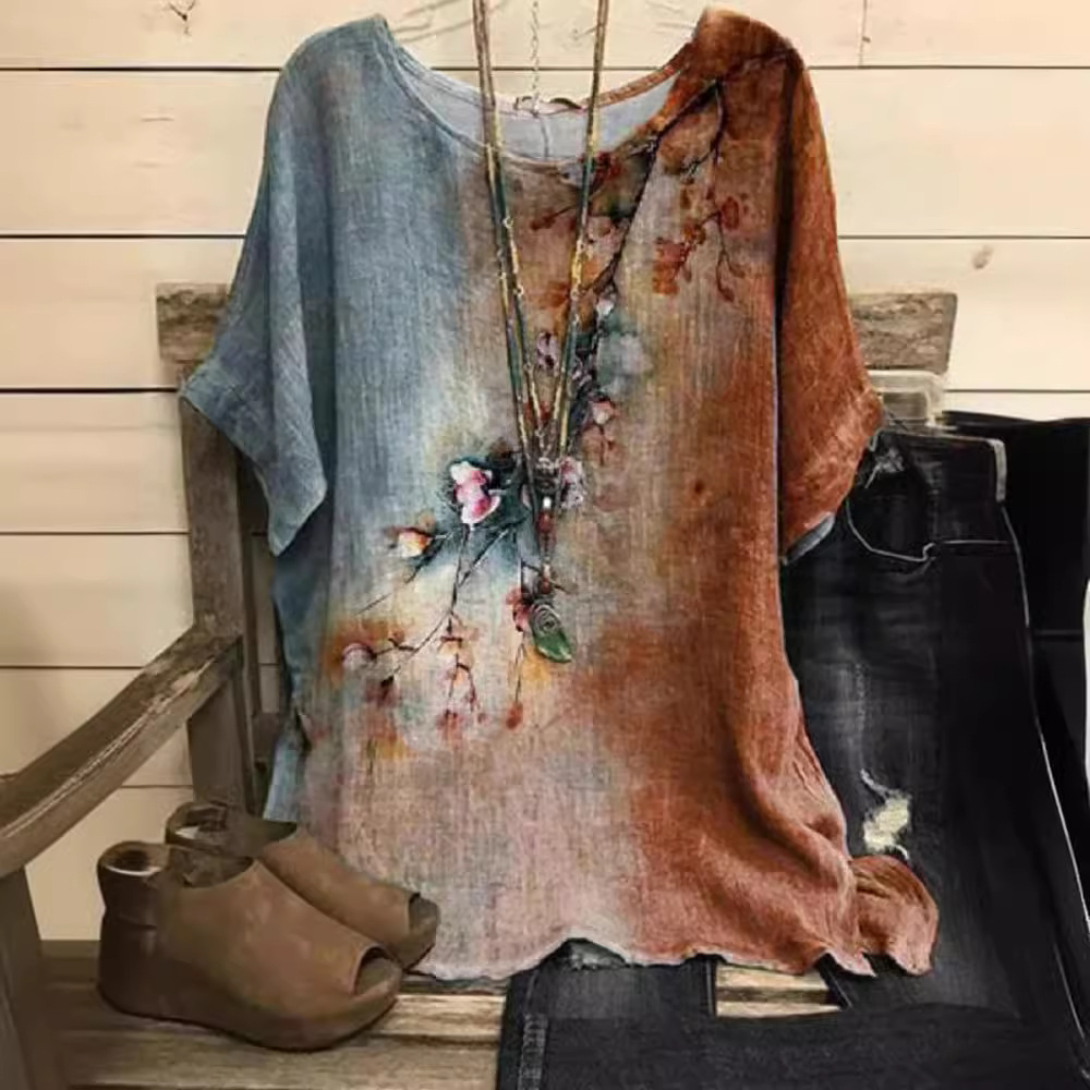 Womens Casual Loose-Fit Fashionable Short-Sleeve Printed Crew-Neck Top