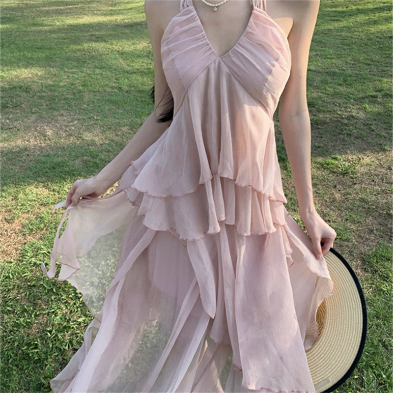 Summer Seaside Vacation Irregular  Halter Spaghetti Straps Backless Dress Women
