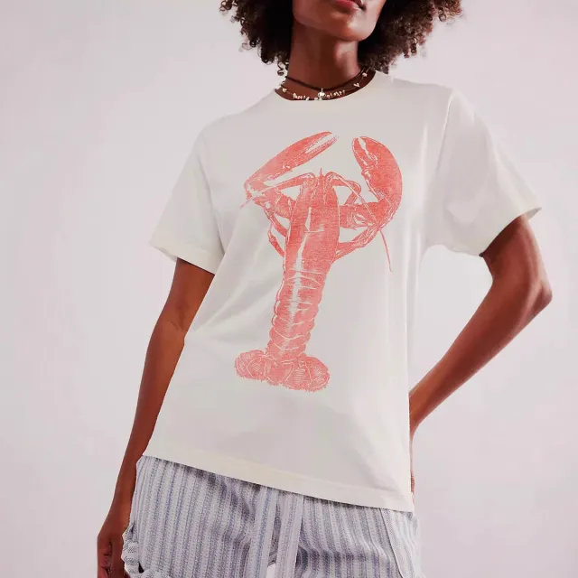 Short Sleeve Top Round Neck Printed White For Girls Lobster - Shop at LoveMi