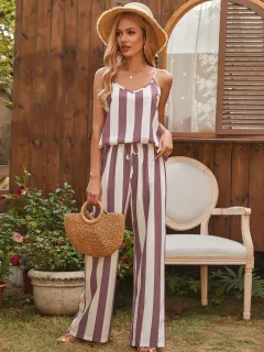 Women's Striped Tank Top And Casual Pants Two-piece Set - Red - View 1