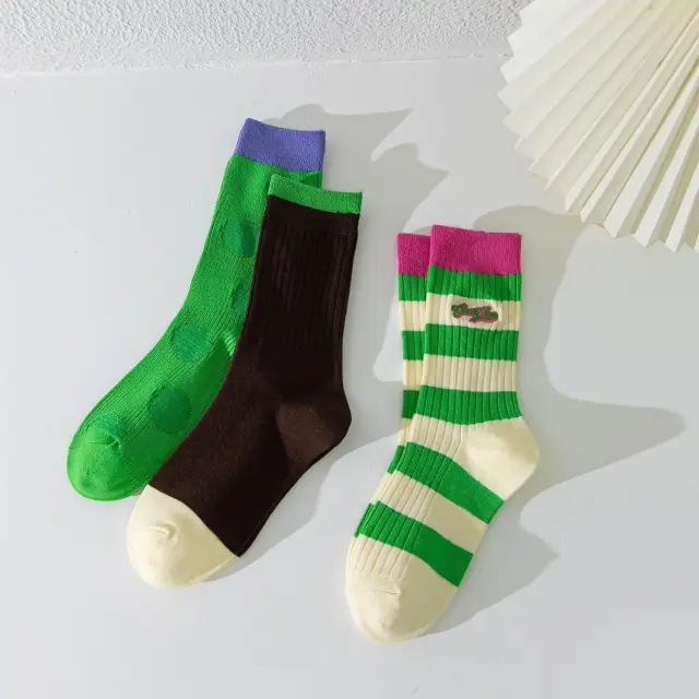 Double Needle Embroidery Women's Stockings Autumn And Winter Long Tube Green Coffee Stripes - Shop at LoveMi