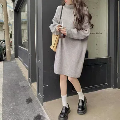 Womens Relaxed style Turtleneck Sweater Winter Thickened Mid length Design Gray - Shop at LoveMi