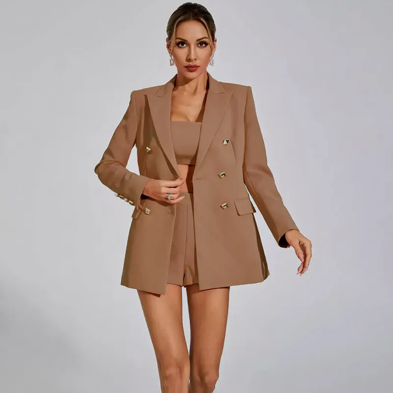 Three-piece Suit Blazer Suspenders Top And Pants - Brown
