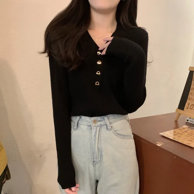Gentle V neck Knitted Bottoming Shirt French Style High Sense Black - Shop at LoveMi