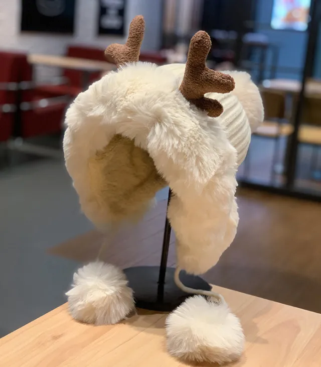 Korean Style Cute Deer Horn Fur Ball Ear Protection Plush Bonnet Christmas Thickened Cycling Cap White - Shop at LoveMi