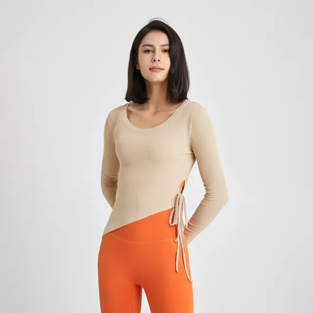 Side Tether Workout Clothes T shirt Slim Fit Tights Milk Tea M - Shop at LoveMi