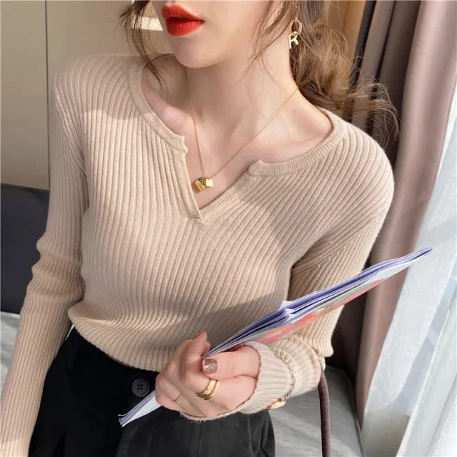 Women's V neck Sweatshirt Casual Bottoming Shirt Slim fit Long sleeved Shirt Big Skin - Shop at LoveMi