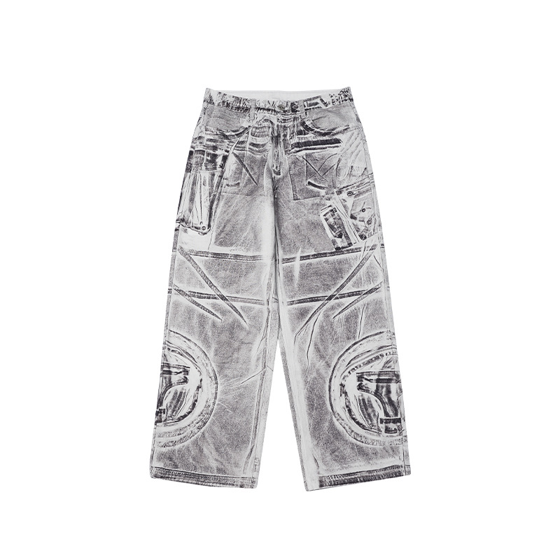بنطال واسع القصة بقماش جينز بطباعة رقمية وألوان فرشاة للخياطة