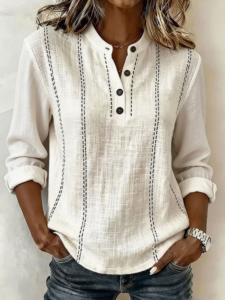 New Summer Loose Fitting Mandarin Collar Long-Sleeve Shirt