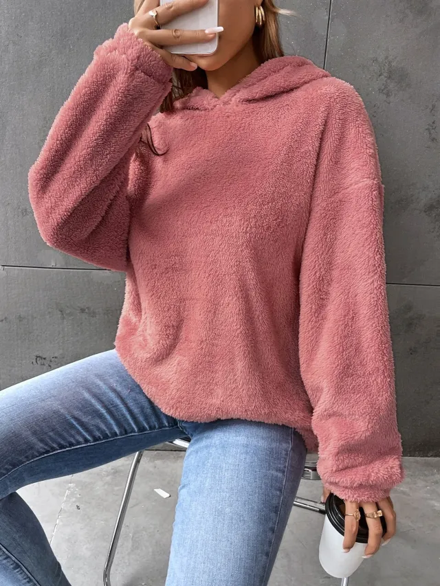Women's Simple Fashion Hooded Double sided Velvet Loose Long Sleeve Sweatershirt Pink - Shop at LoveMi