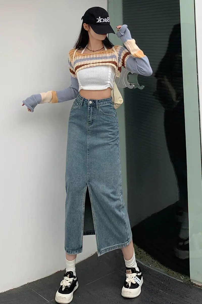 Mid-length Denim Half-length Women's High Waist Loose Split - Vintage Blue