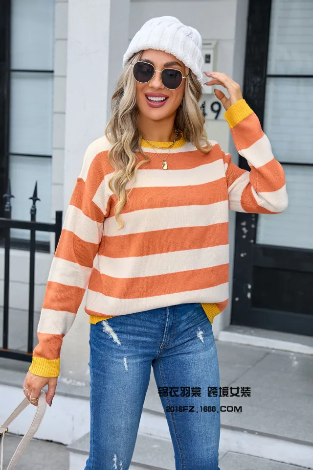 Women's Flower Long Sleeve Round Neck Sweater Orange - Shop at LoveMi