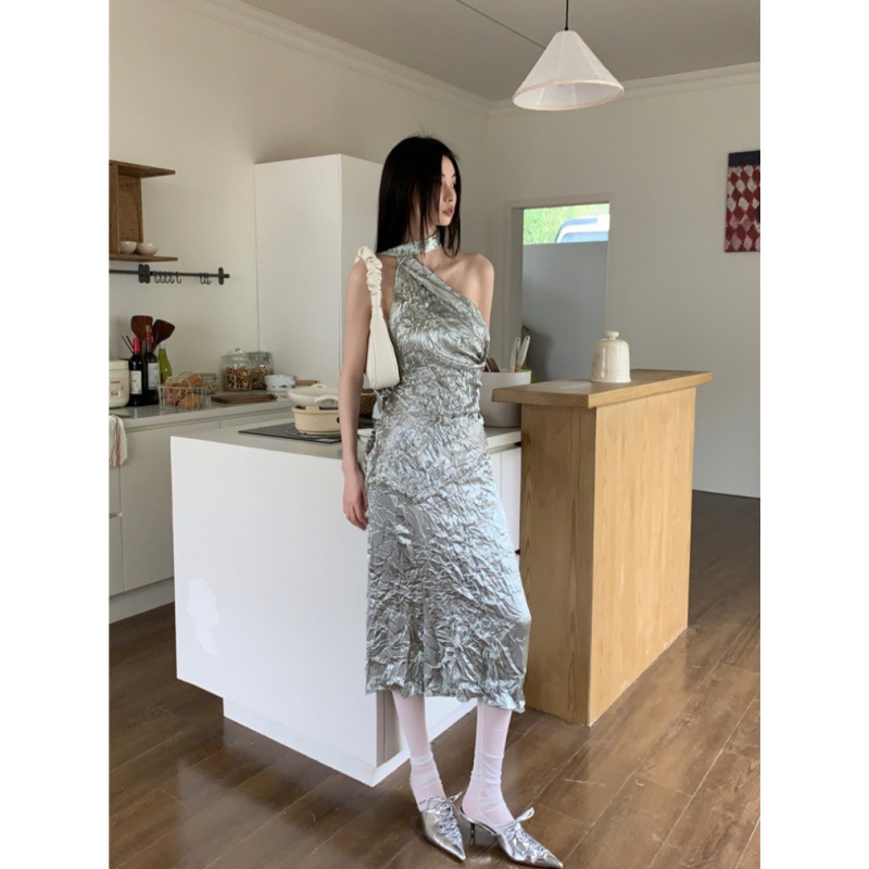 White Satin Crumpled Texture Split Dress