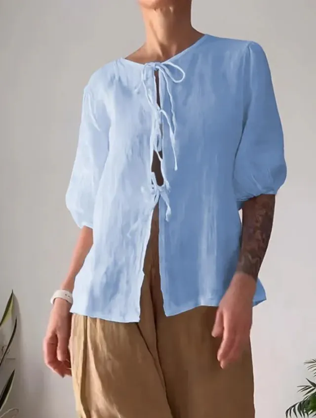 Fashion Casual Solid Color Round Neck Tied Shirt High Waist Wide Leg Pants Blue - Shop at LoveMi