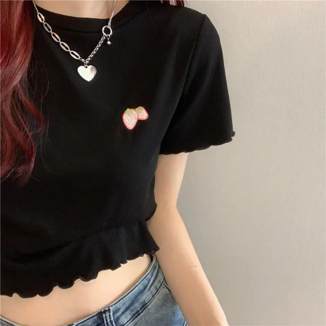 Short Sleeve Embroidered Wooden Ear Slim T shirt Black - Shop at LoveMi