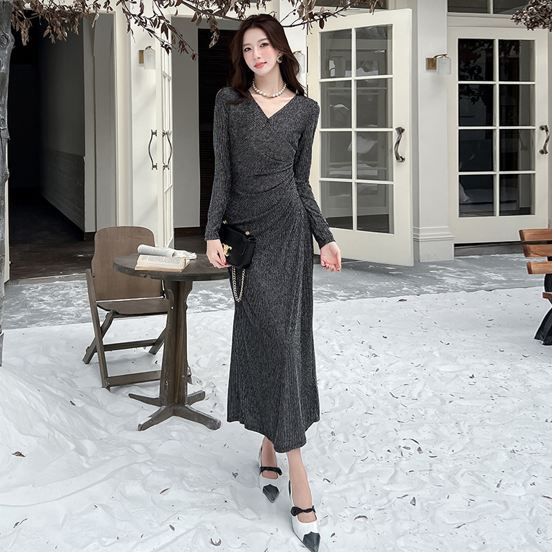 Women's V neck Long sleeve Shiny Slim Sexy Pleated Waist cinching Bodycon Dress Picture Color - Shop at LoveMi