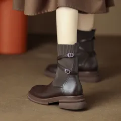 Thick Bottom Chunky Heel Real Soft Leather Round Toe Retro Socks Boots For Women - Brown - View 1