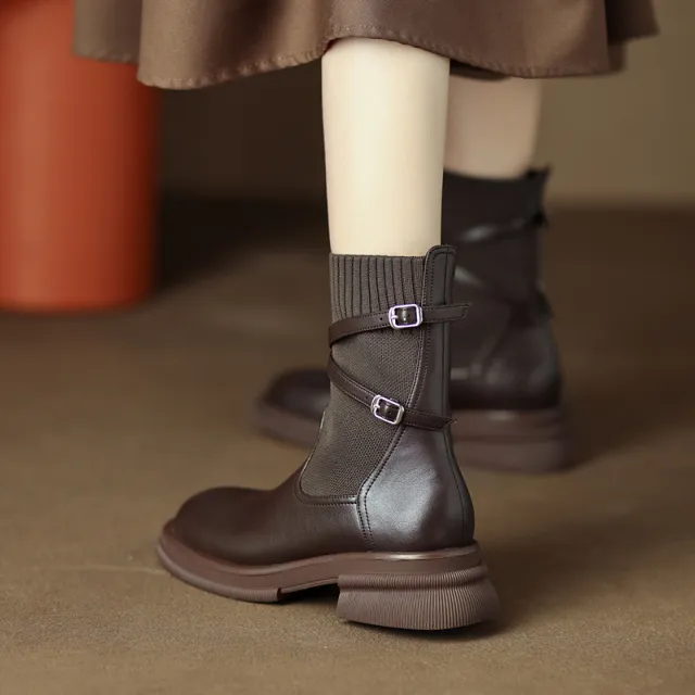 Thick Bottom Chunky Heel Real Soft Leather Round Toe Retro Socks Boots For Women Brown - Shop at LoveMi