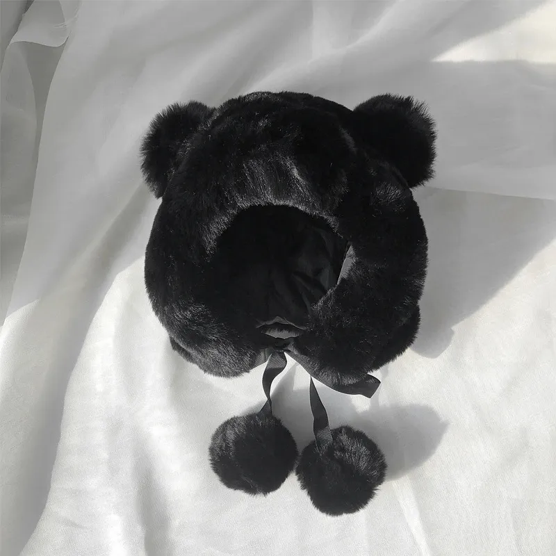 Female Autumn And Winter Sweet Cute Earmuffs Hat - Black