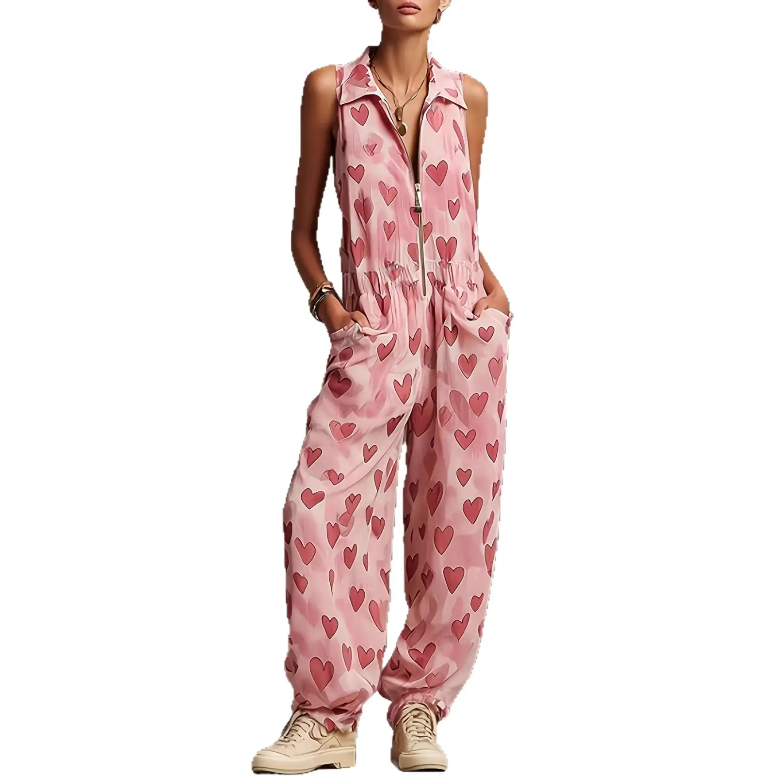 Love-themed Print Sleeveless Loose Casual Jumpsuit For Women