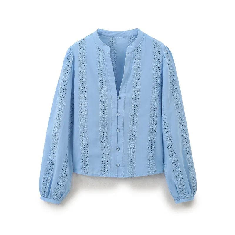 Temperament Crew Neck Long Sleeve Single-breasted Blue Embroidered Shirt